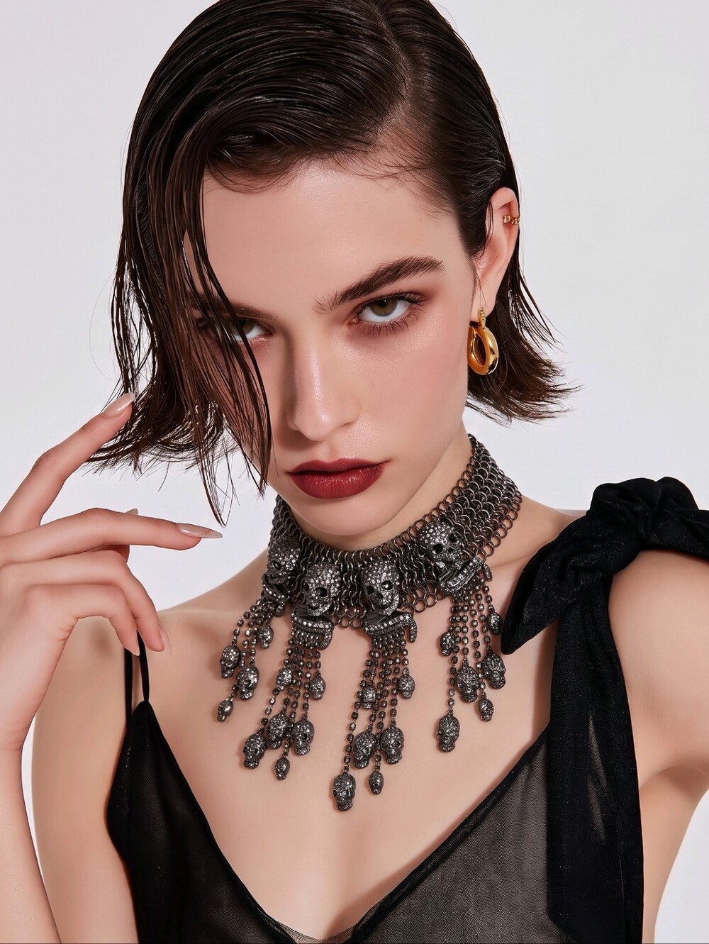 Natasha Gothic Rhinestone Skull Necklace Earrings Set Gunmetal Goth Whimsigoth